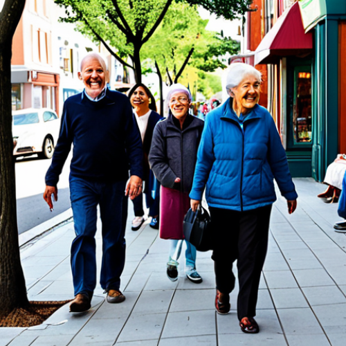 Home 11 A diverse group of city residents, including adults, seniors, and a family with a child, fully clothed in modest, everyday attire, are happily walking along a clean, well-maintained sidewalk in a vibrant, bustling urban neighborhood. Small local businesses like a cozy cafe and a charming bookstore line the street, with people casually interacting. There are benches and small planters with blooming flowers, indicating a pedestrian-friendly environment. Natural daylight, community spirit, appropriate content, safe for work, perfect anatomy, correct proportions, natural pose, well-formed hands, proper finger count, natural body proportions, professional photography, high quality, family-friendly.