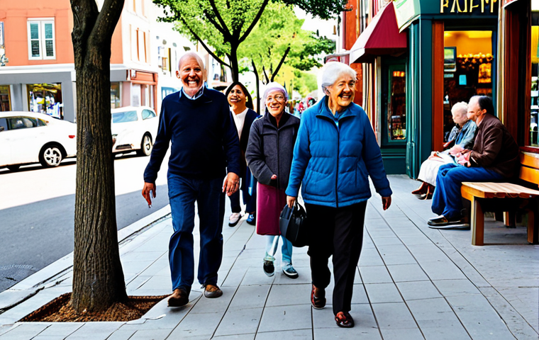 A diverse group of city residents, including adults, seniors, and a family with a child, fully clothed in modest, everyday attire, are happily walking along a clean, well-maintained sidewalk in a vibrant, bustling urban neighborhood. Small local businesses like a cozy cafe and a charming bookstore line the street, with people casually interacting. There are benches and small planters with blooming flowers, indicating a pedestrian-friendly environment. Natural daylight, community spirit, appropriate content, safe for work, perfect anatomy, correct proportions, natural pose, well-formed hands, proper finger count, natural body proportions, professional photography, high quality, family-friendly.